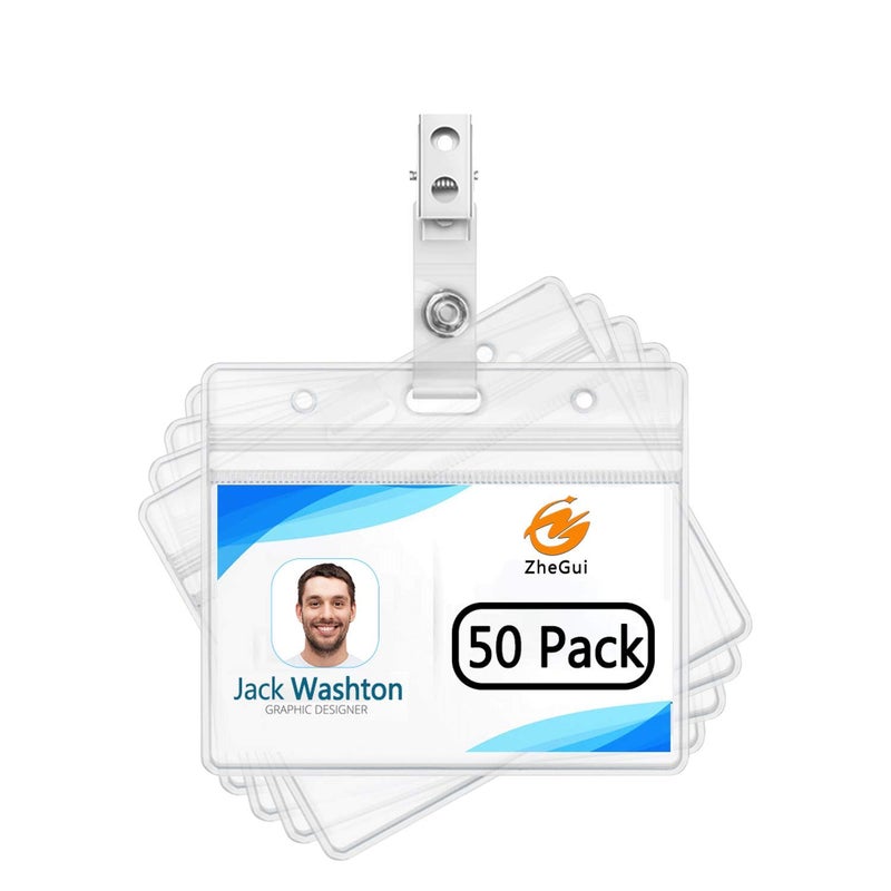 ZHEGUI ID Badge Holder with Clip Clear Plastic Name Tag Holders Horizontal Ziplock Waterproof PVC ID Card Holder with Clip Straps(50 Pack, Horizontal 2.3X3.5) - Image 1